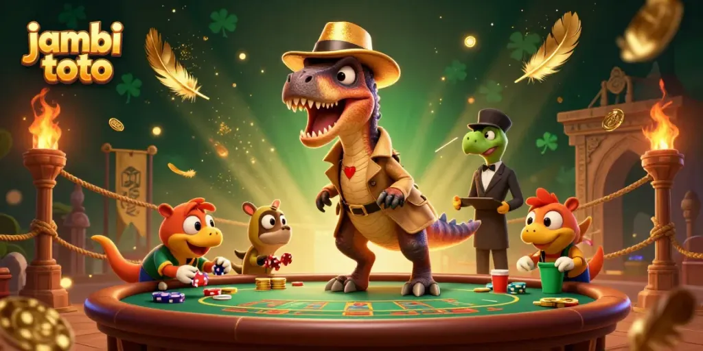 Engage with jambi toto as a velociraptor card counter, a stegosaurus pit boss, and a sneaky pickpocket at a lively casino scene.