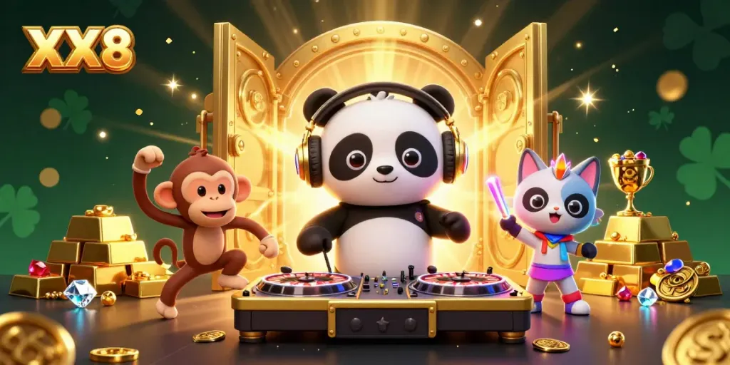 Engaging scene with XX8 showcasing DJ panda and friends in a casino party environment, complete with slot reels and treasures.