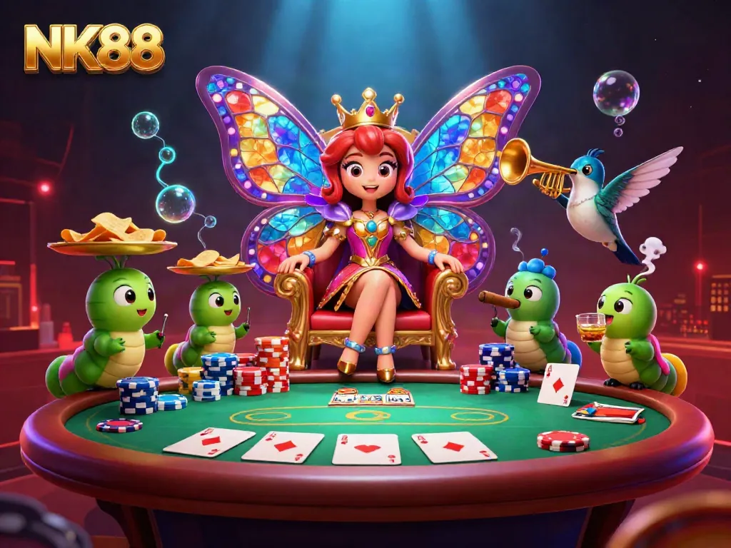 Engage the thrill of NK88 poker action with vibrant casino elements in a rich 3D illustration.