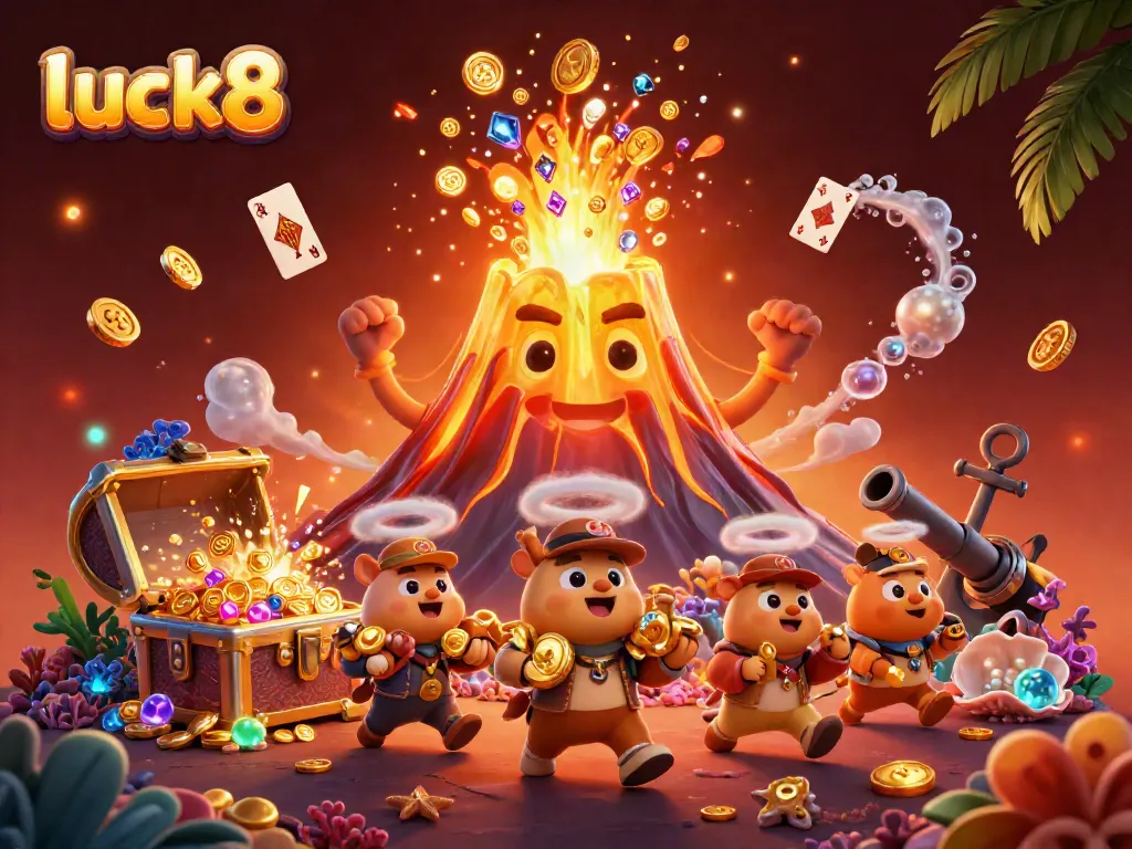 Experience the thrill of luck8 with a dazzling eruption of coins and gems surrounded by cheerful characters.