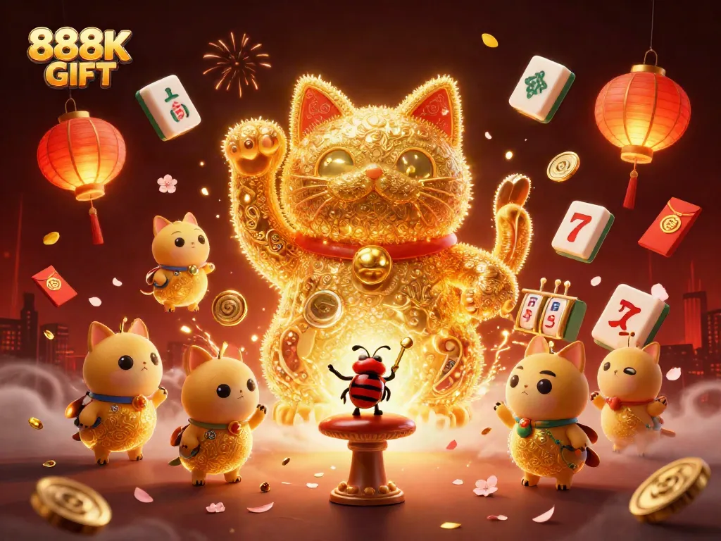 Engage with the 888K GIFT in a captivating casino-themed illustration featuring lucky symbols and vibrant elements.