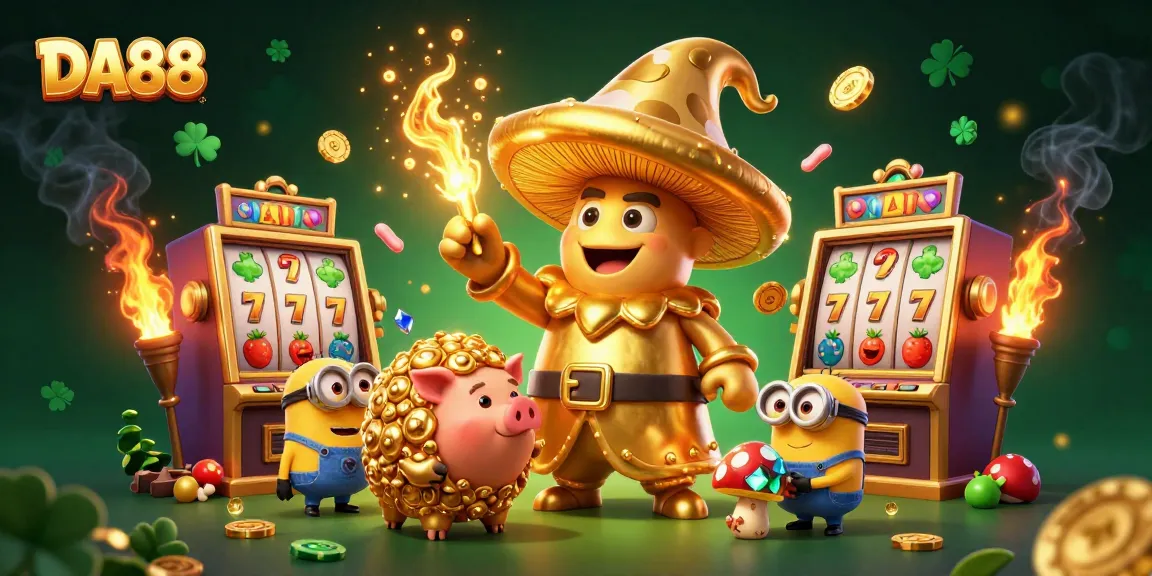 Players experience slot action with DA88, a wizard, and treasures in a vibrant casino scene.
