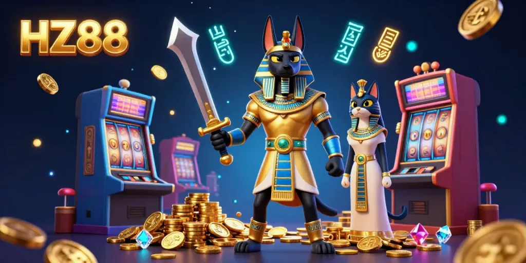 Experience the thrill of HZ88 with Anubis and Bastet in a vibrant casino setting!