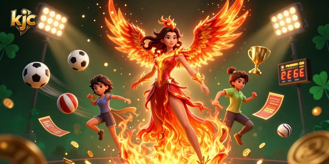 Experience kjc's thrilling gaming arena, showcasing a stunning Asian woman and a phoenix amidst dynamic sports elements and vibrant energy.
