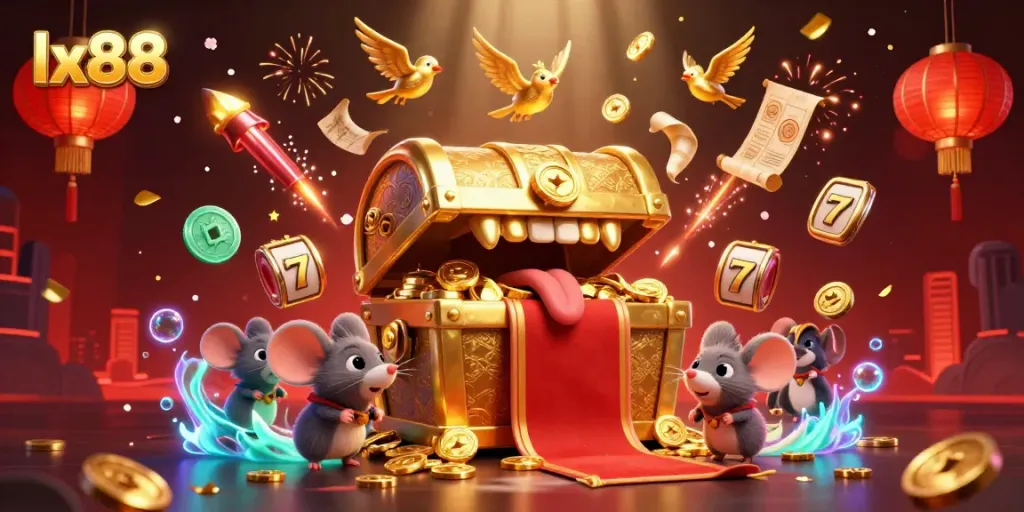 Engage with the captivating lx88 cartoon treasure scene showcasing a playful golden chest and lucky symbols amidst casino excitement.