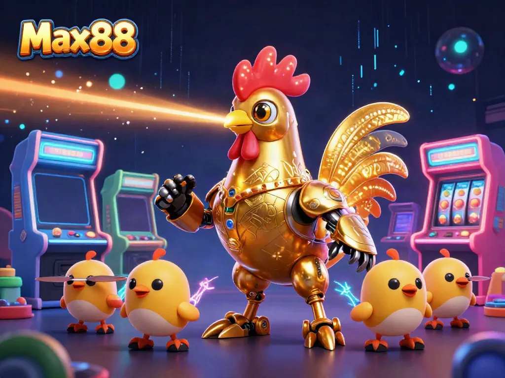 Experience Max88 with an animated scene featuring a dazzling golden rooster robot and arcade machines.