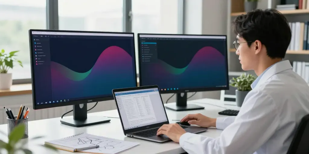 Research professional in modern office analyzing data to find more information