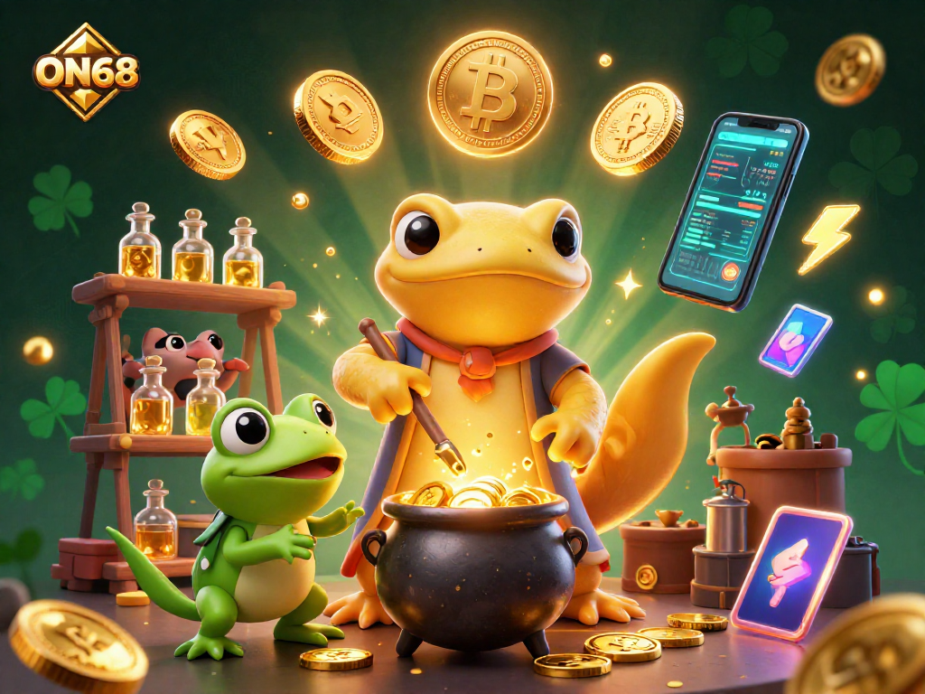 Experience ON68 with a vibrant 3D illustration showcasing alchemy and cryptocurrency elements in a rich casino context.