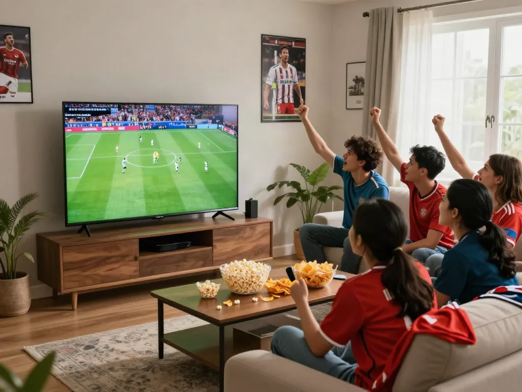 Friends enjoying sports viewing on Thapcamtv, showcasing excitement and camaraderie during a football match.