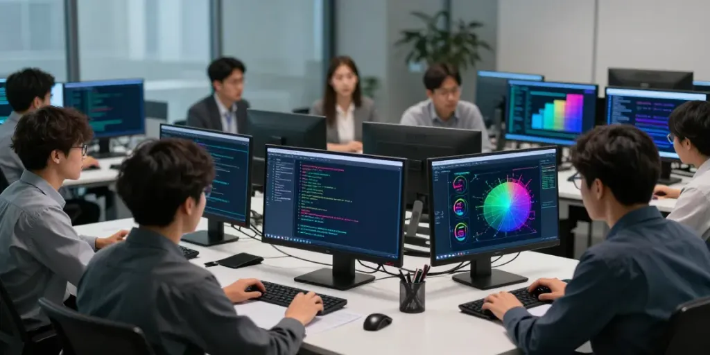Vulnerability assessment analysis with cybersecurity professionals in a modern office.