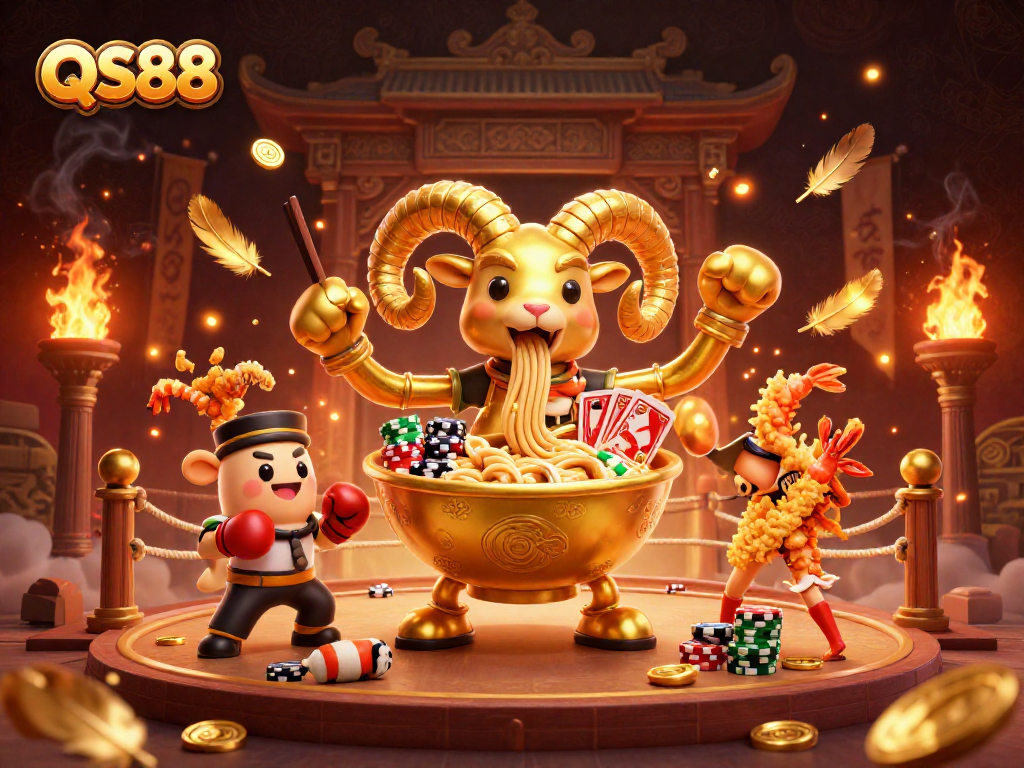 Experience the thrill with QS88 in this vibrant casino scene featuring a giant golden ramen bowl dealer and dynamic game elements.