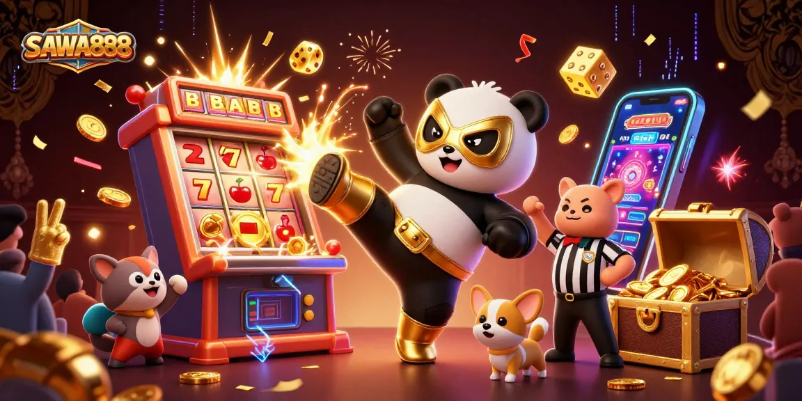 SAWA888 showcases a thrilling casino scene with a wrestler panda, wild spectators, and a jackpot explosion.