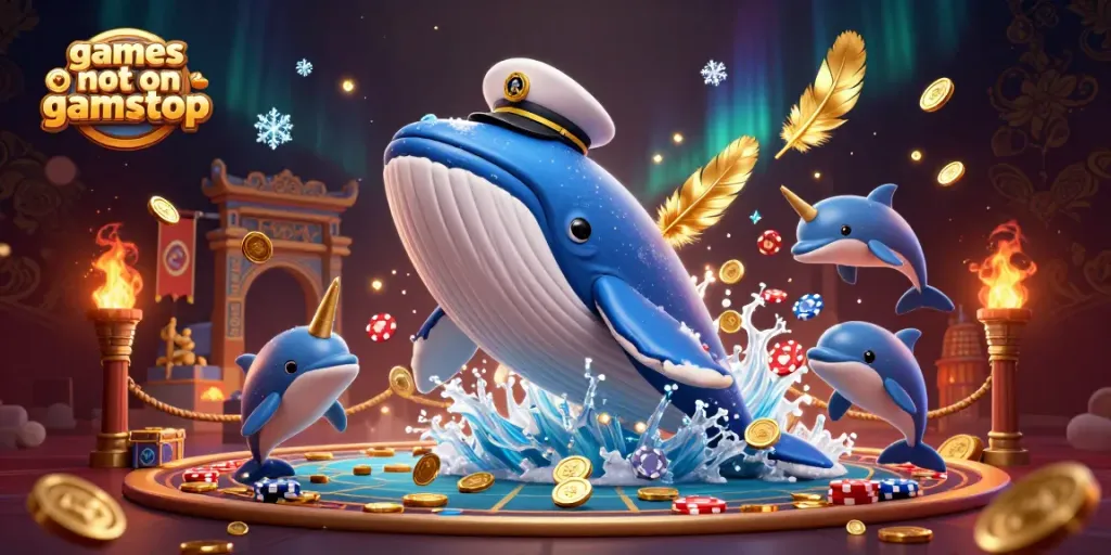 Experience thrilling games not on gamstop with immersive casino action featuring a giant whale and playful dolphins.