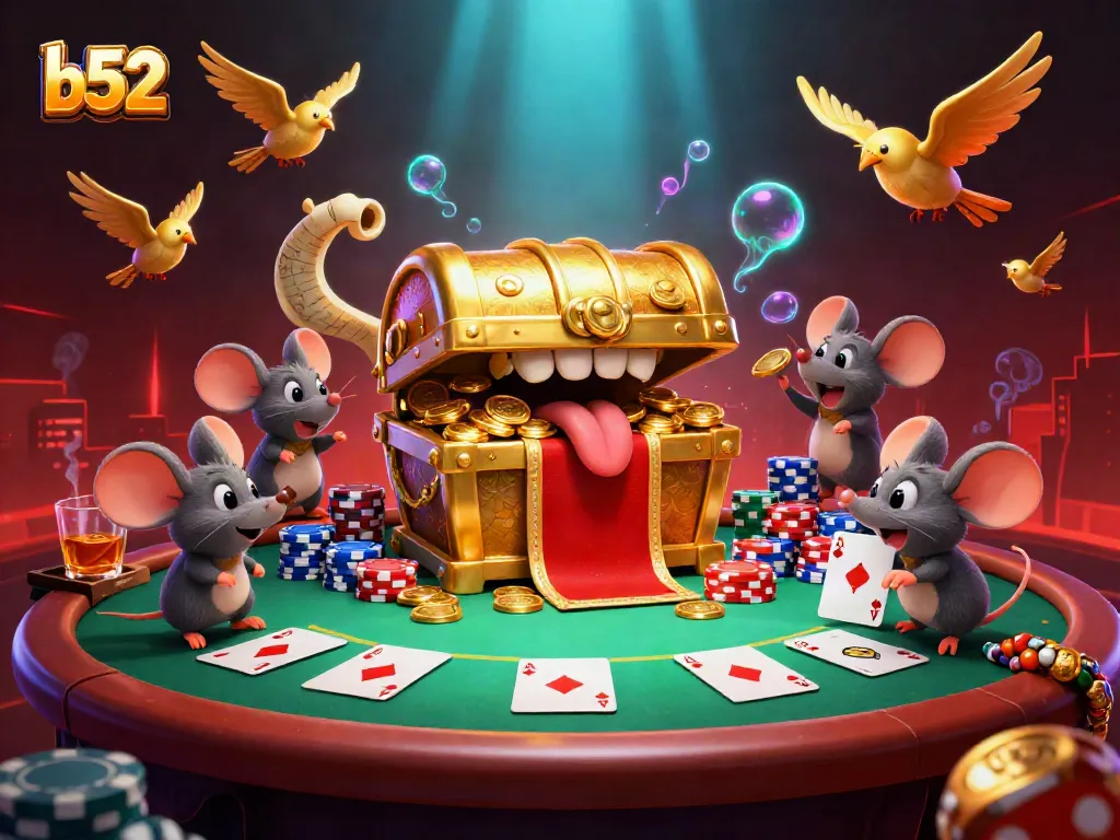 Experience b52 casino excitement with treasure chests and poker elements in an engaging scene.