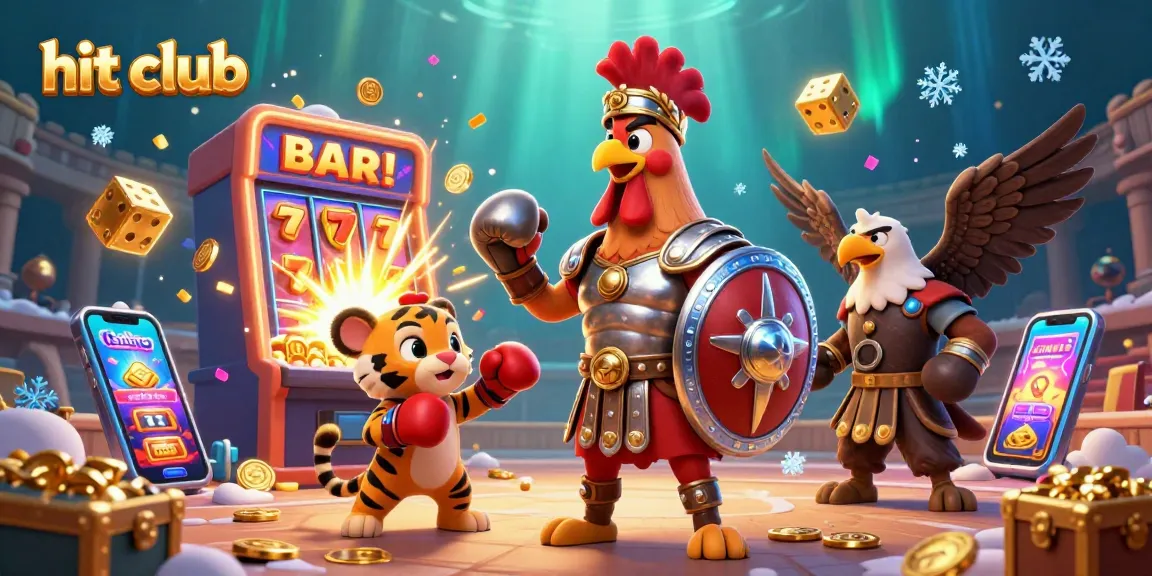 Experience the thrill with hit club in this vibrant casino scene featuring a gladiator rooster and treasure.