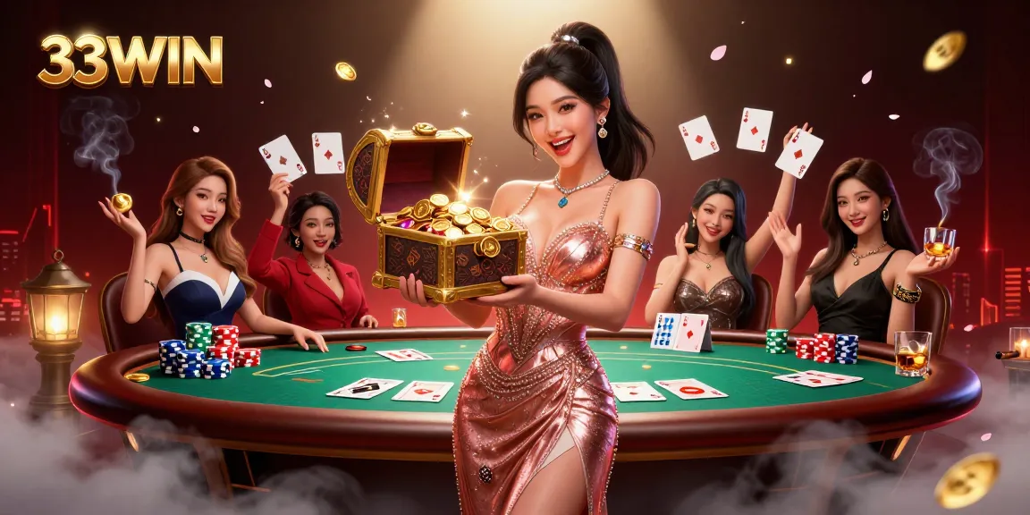 Engage in thrilling 33WIN gaming with rich visuals of treasures and poker excitement.