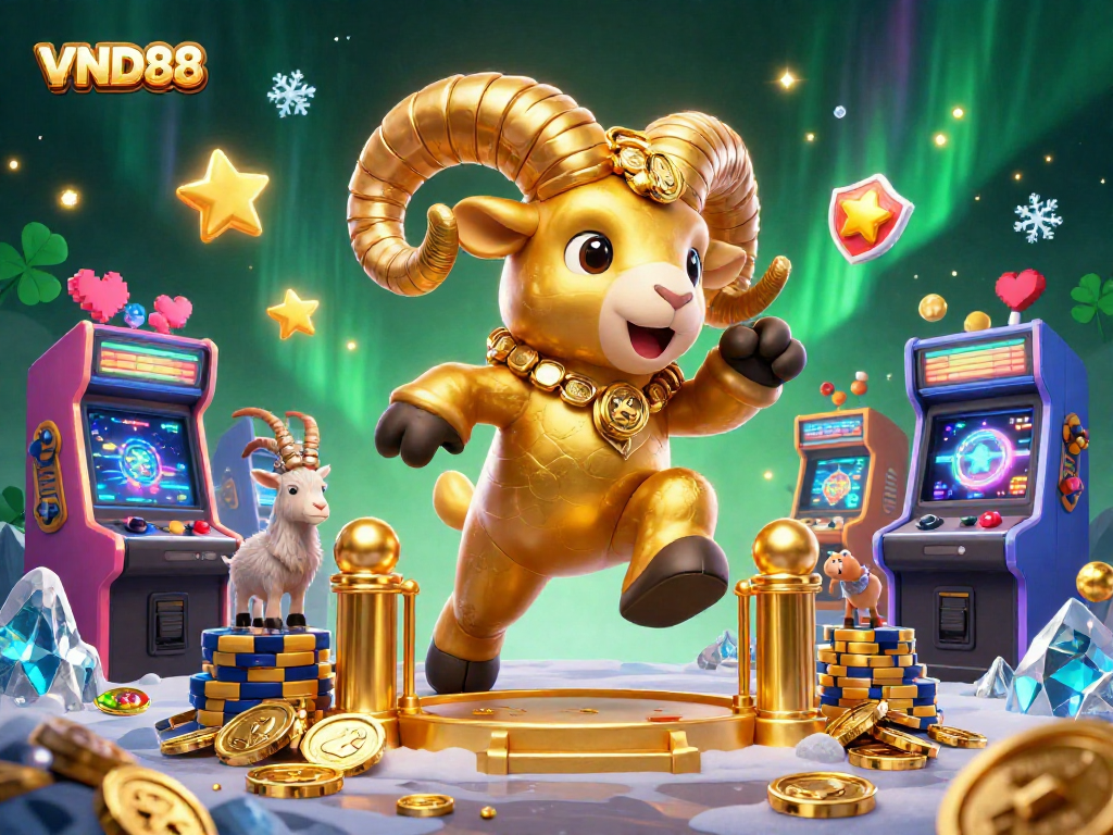 Experience the thrill of VND88 with a golden ram charging through a vibrant casino scene filled with games.