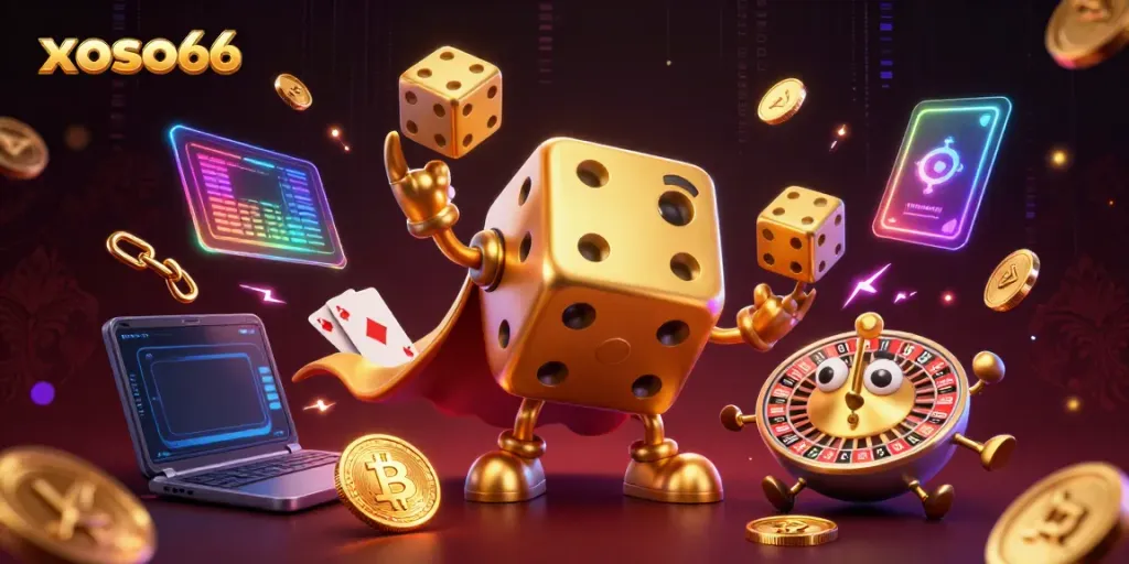 Engage with exciting xoso66 dice games, featuring animated golden dice and shimmering crypto elements.