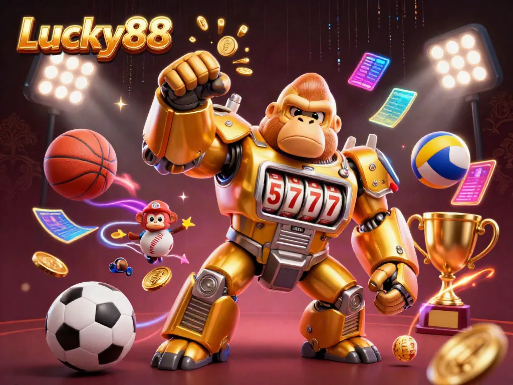 Experience exciting action with Lucky88’s dynamic sports betting elements featuring a golden gorilla mech.