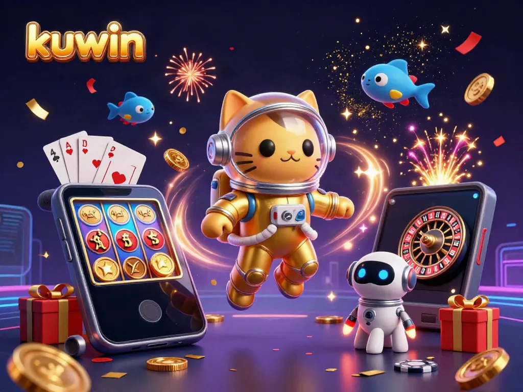 Experience the thrill of kuwin with a vibrant 3D casino scene featuring a space cat and dynamic gaming elements.