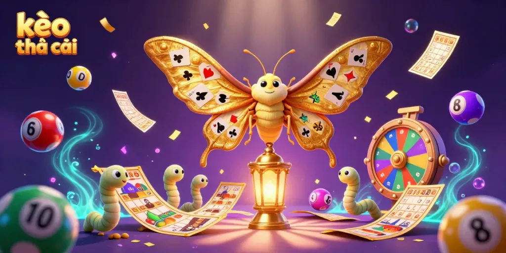 Engage with kèo nhà cái through a captivating illustration featuring a golden moth and dynamic gambling elements.