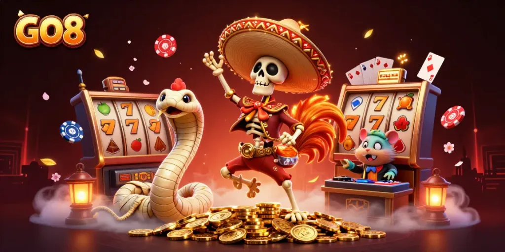 Spin the slots with GO8 while enjoying a festive victory dance in a vibrant casino scene.