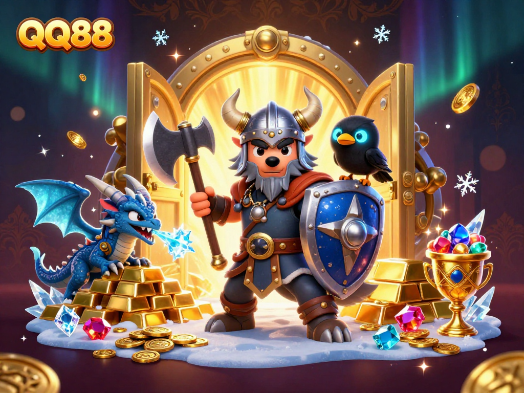 Experience the excitement of QQ88 with a vibrant 3D illustration featuring a Viking wolf warrior, dragon, and treasure in a casino atmosphere.