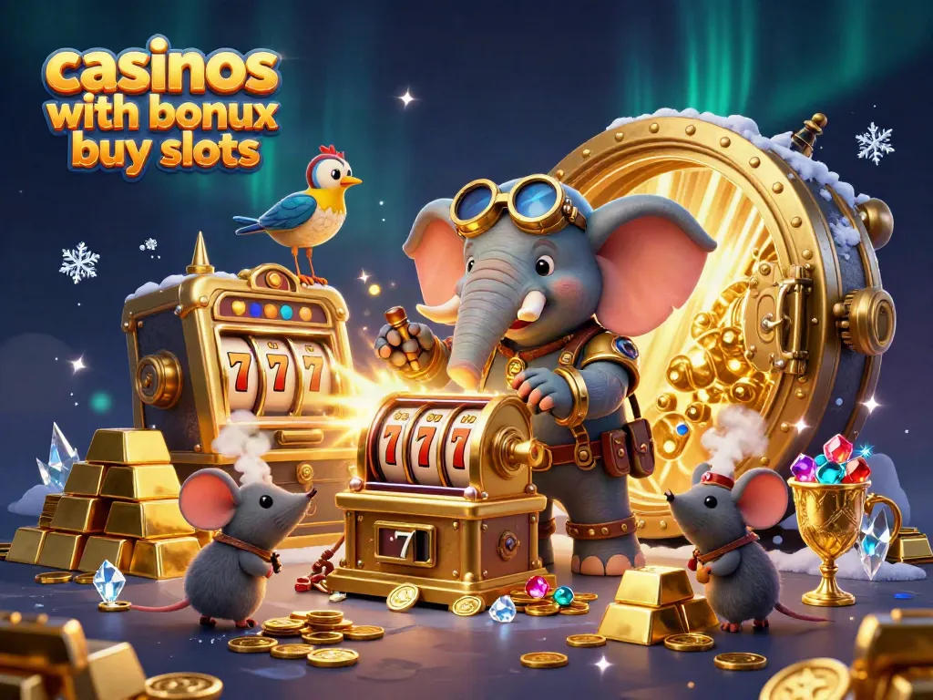 Engage with casinos with bonus buy slots featuring a steampunk elephant and dynamic treasures in a vibrant scene.