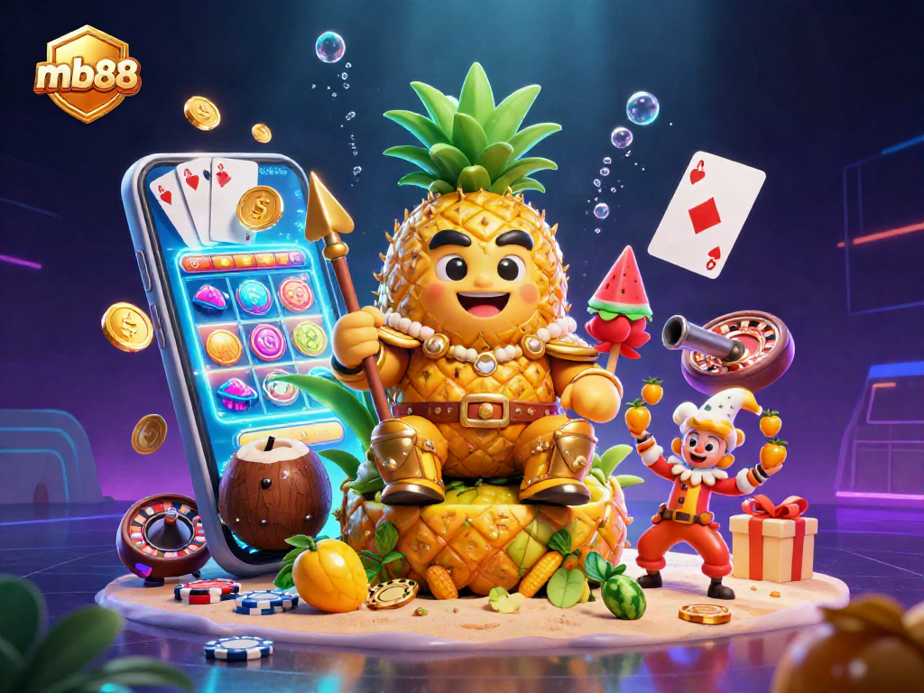 Get ready to win big with mb88 in this vibrant 3D casino scene featuring a golden pineapple king and lively game elements.