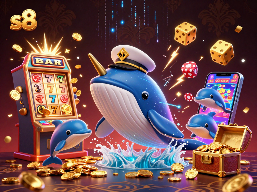 s8 casino illustration featuring a whale, dolphins, and a slot machine with dynamic gaming elements.