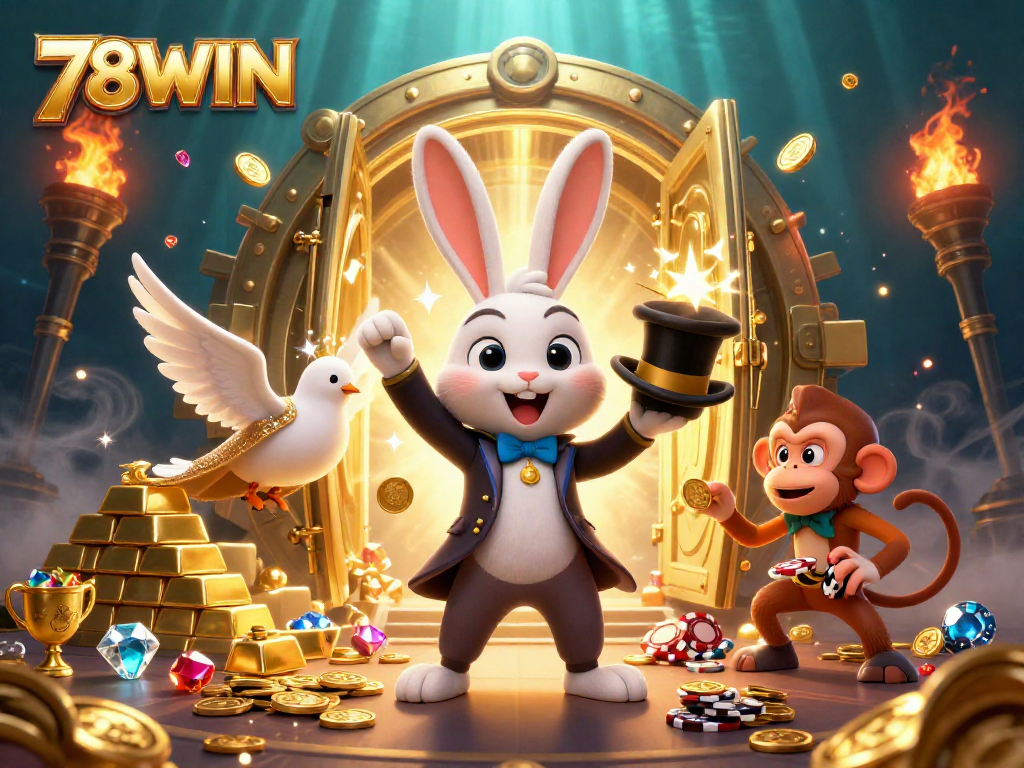 Engage with 78WIN’s exciting casino scene featuring a magician rabbit, a sequined dove, and playful monkey amidst glimmering treasures.