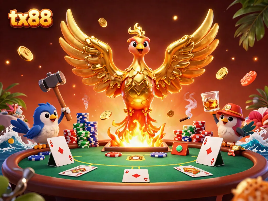 Experience the thrill of tx88 gaming with a phoenix of gold and vibrant poker elements.