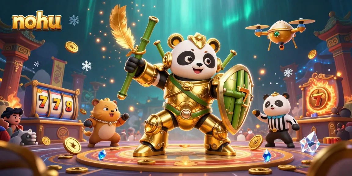 Nohu-themed casino illustration showcasing a golden panda in a mech-suit at a vibrant gambling arena full of excitement and action.