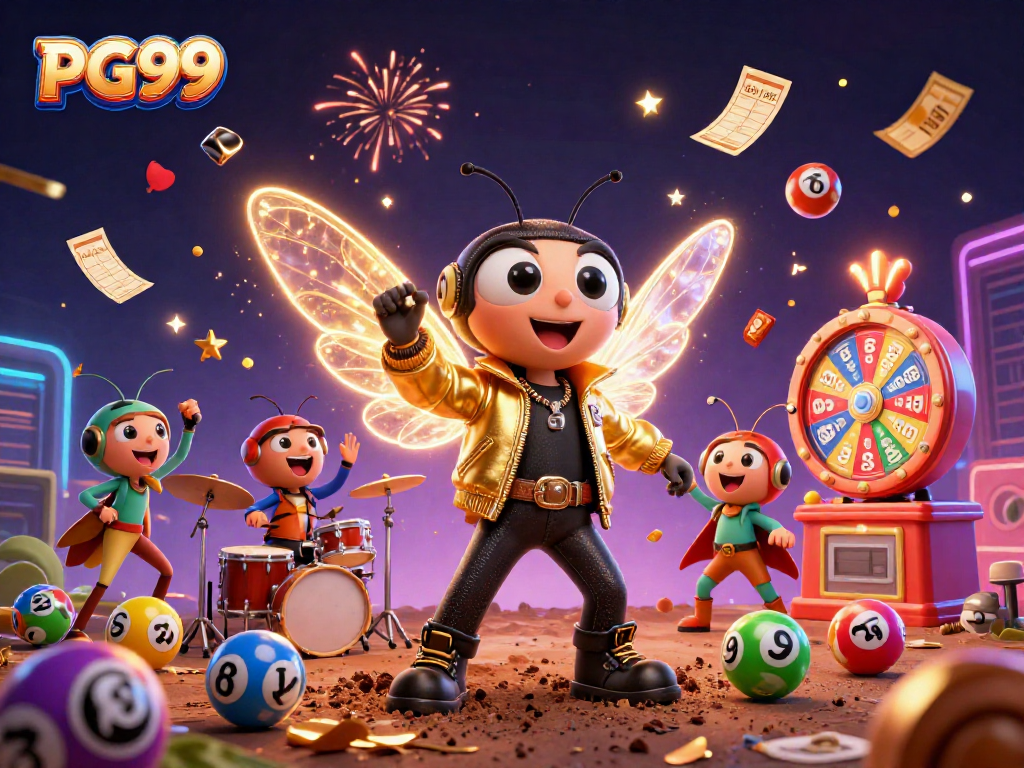 PG99 showcases a vibrant lottery-themed celebration with dazzling characters and dynamic game elements.