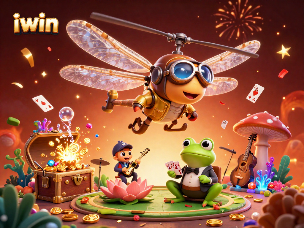 Experience thrilling gameplay at iwin with a vivid illustration showcasing a dragonfly pilot, frog croupier, and jazz musicians!