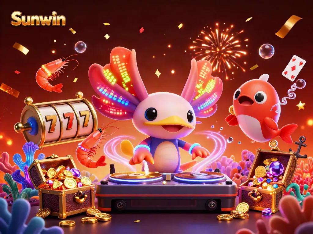Engage with Sunwin's vibrant casino experience featuring a neon DJ and animated sea creatures