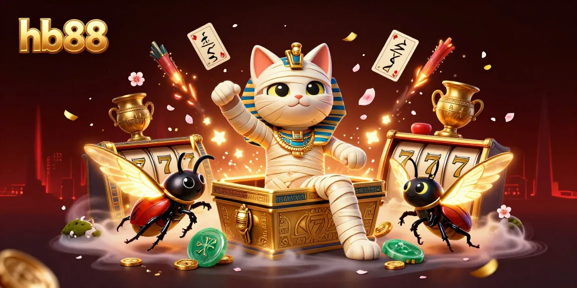 Play exciting slot games at hb88 with a 3D mummy cat and vibrant casino elements.