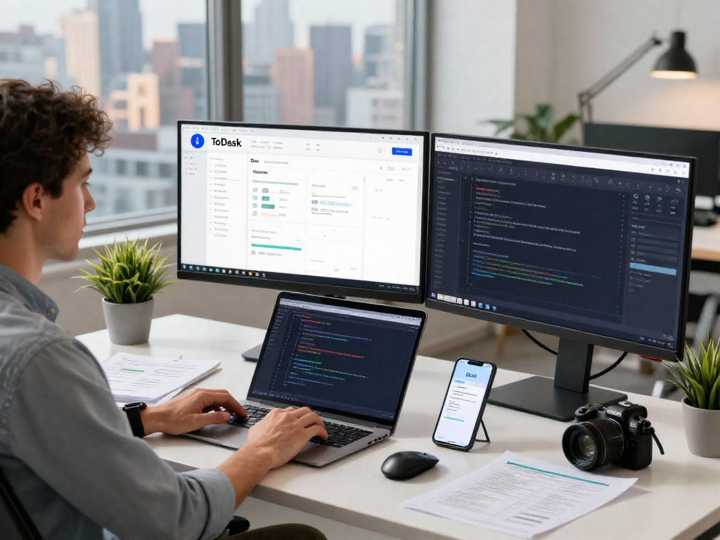 ToDesk remote desktop software interface on dual monitors in a modern workspace, showcasing productivity and technology.
