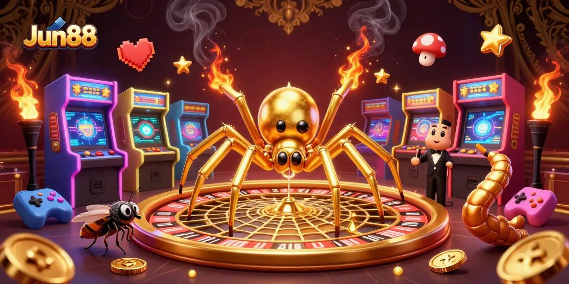 Experience thrilling bets with Jun88 as a golden web delivers excitement in a vibrant casino scene.