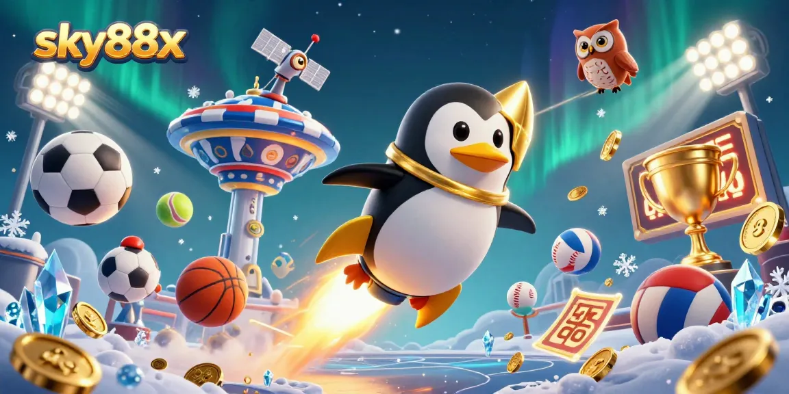 Engage with sky88x as a golden penguin navigates a cosmic casino adventure, surrounded by vibrant gaming elements.