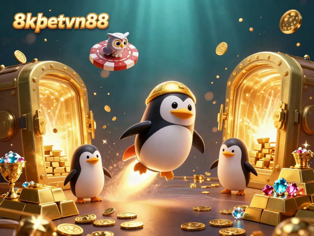 Engage in exciting casino adventures with 8xbetvn88, as a golden penguin blasts through space towards a poker chip-shaped casino.