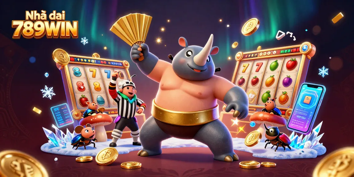 Experience thrilling gameplay at Nhà cái 789WIN with a vibrant 3D illustration of gaming excitement, featuring beetle champions.