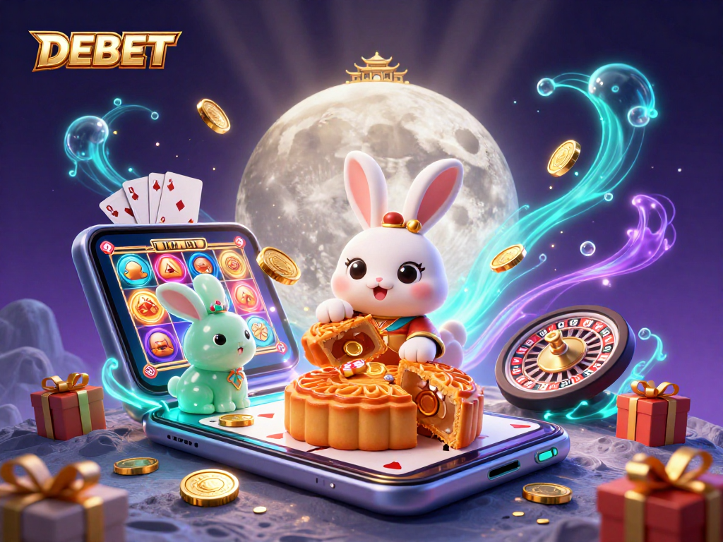 Engage in thrilling gameplay with DEBET's fun-filled casino scene featuring slot games, poker, and rich animations.