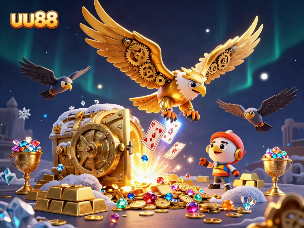 Engage in thrilling games at uu88, featuring a cybernetic eagle in an exciting casino scene.
