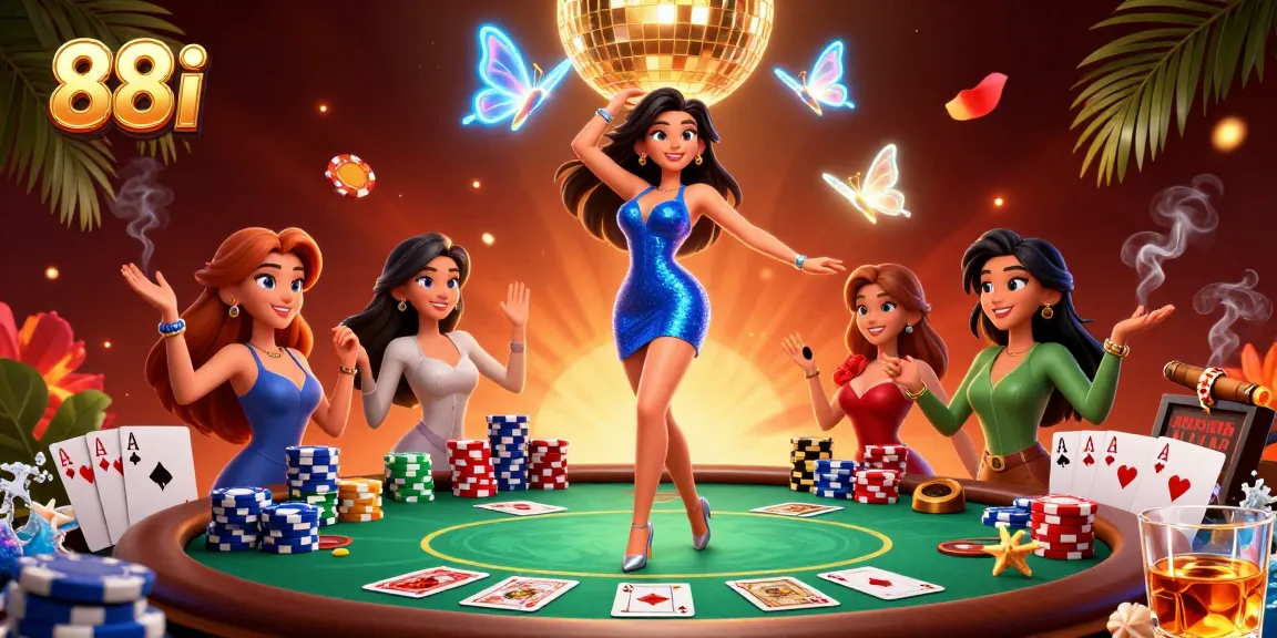 Engage with 88i's vibrant online casino scene featuring a glamorous dancer and poker elements.