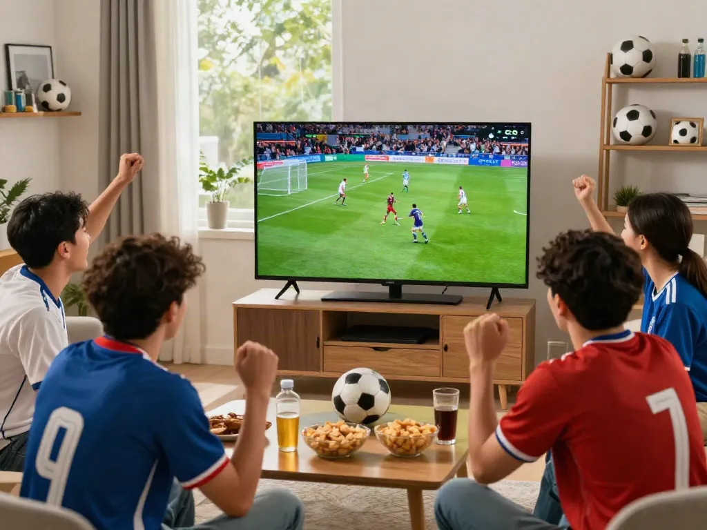 Friends enjoying a live soccer match streaming on socolive in a lively living room.