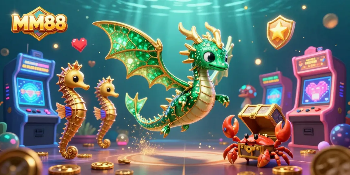 Experience MM88 with a vibrant underwater scene showcasing a sea dragon guarding treasures amid colorful gaming elements.