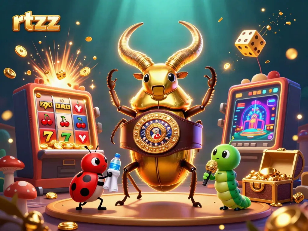 Experience thrilling gaming with rtzz as playful characters highlight a vibrant casino scene.