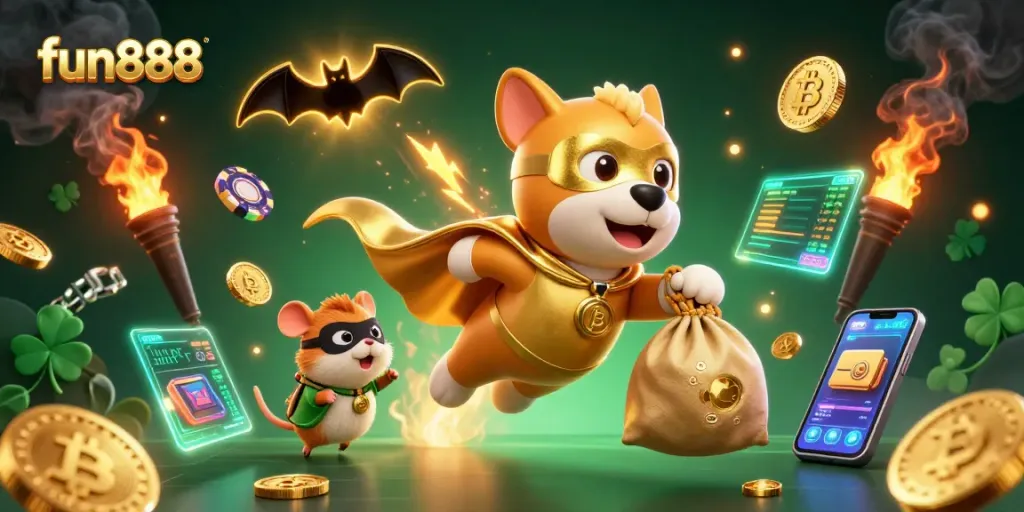 Join the fun888 adventure with a superhero dog soaring for big payouts amidst vibrant casino elements.