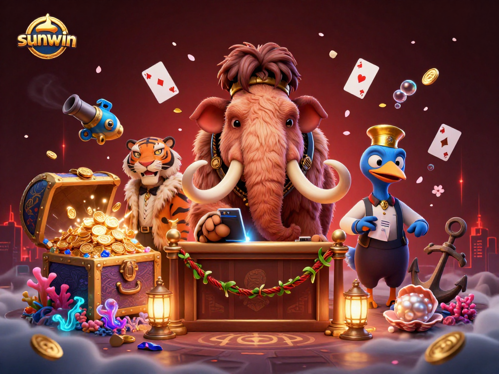 Engage with sunwin's thrilling casino experience featuring a vibrant scene of a mammoth bouncer, saber-tooth VIP, and dodo doorman.